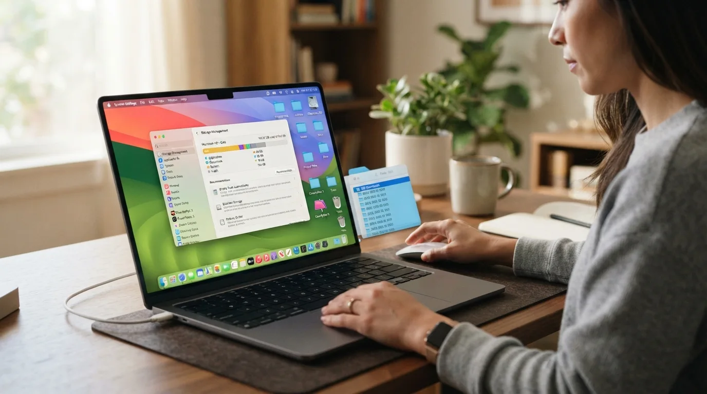 Ilustração conceitual de organização de arquivos, aplicativos e limpeza de armazenamento no MacBook