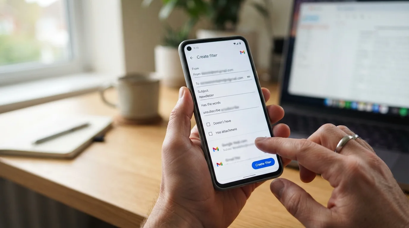 Tela do Gmail com as opções avançadas de pesquisa para criar filtros