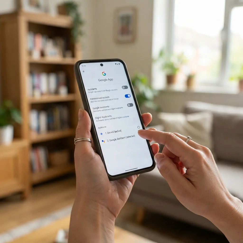 Ilustração conceitual de ajustes do app Google para trocar o assistente