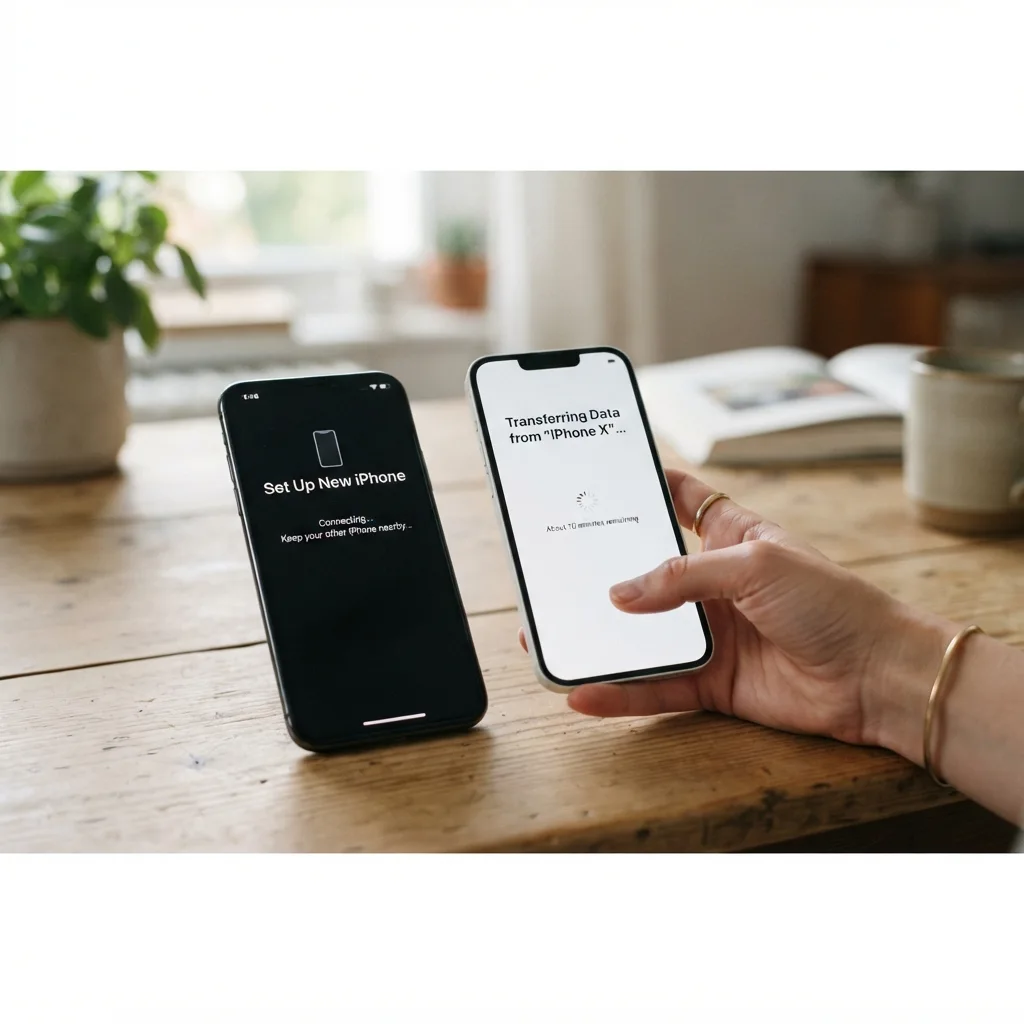 Ilustração de dois iPhones lado a lado durante a transferência de dados