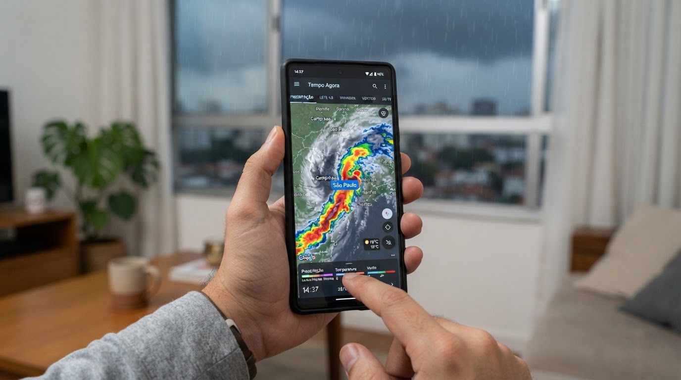 Ilustração de satélite meteorológico com nuvens densas e chuva