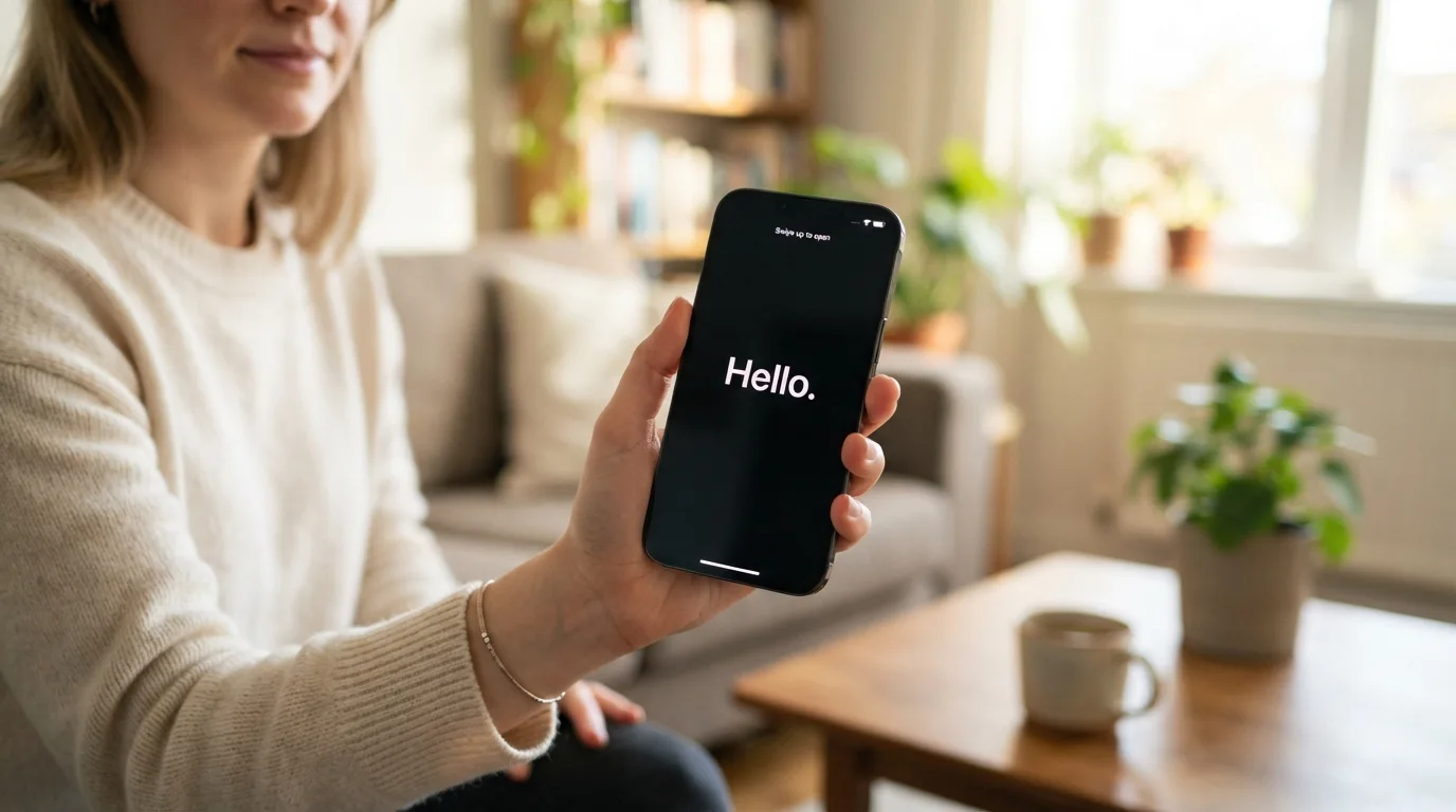 Tela Olá exibida ao ligar um iPhone novo pela primeira vez