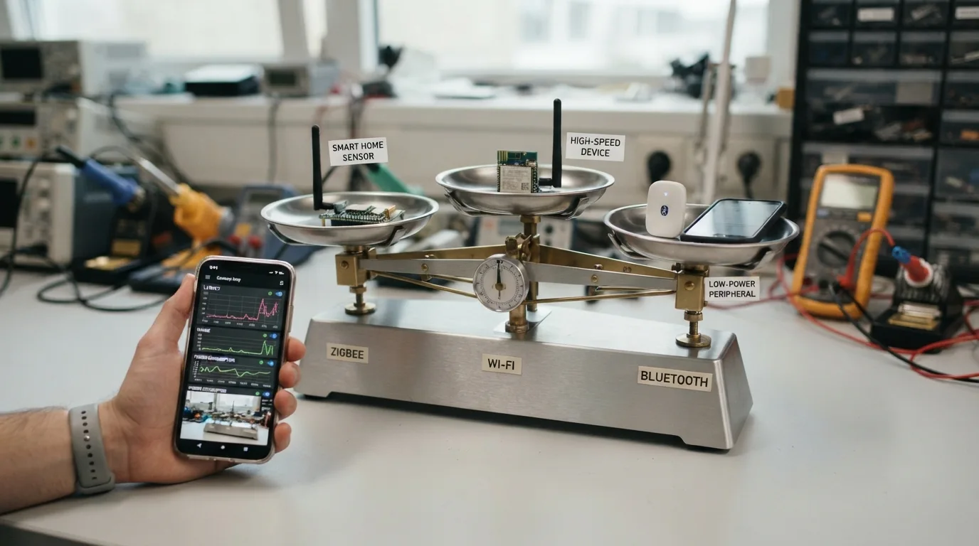 Ilustração de uma balança de três pratos comparando características