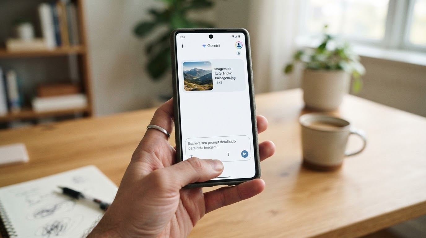 Ilustração conceitual de uma interface de IA com campo de prompt e envio de imagem
