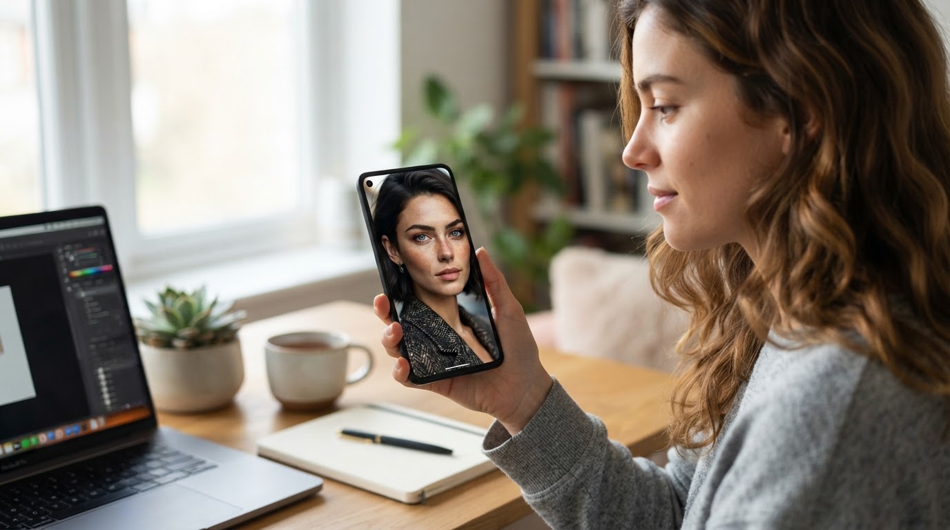 Ilustração conceitual de retrato gerado por IA com foco em características faciais e roupas