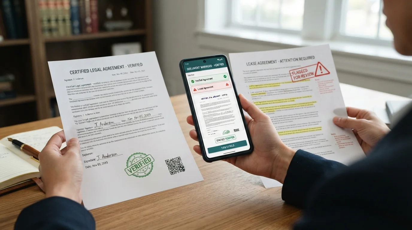 Documento verificado ao lado de documento com sinal de alerta