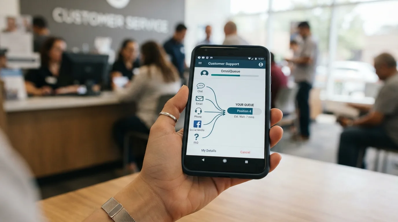 Vários canais de atendimento convergindo para uma fila única