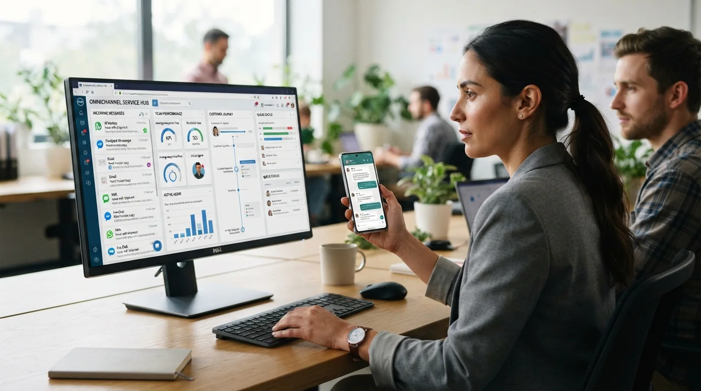 Painel conceitual de CRM com mensagens e métricas de vários canais