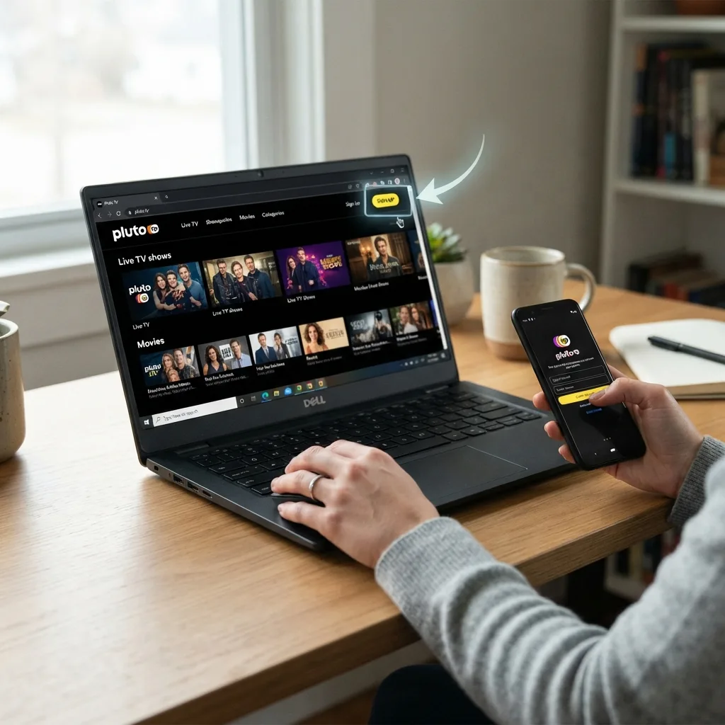 Tela do site da Pluto TV no computador com indicação de onde criar conta