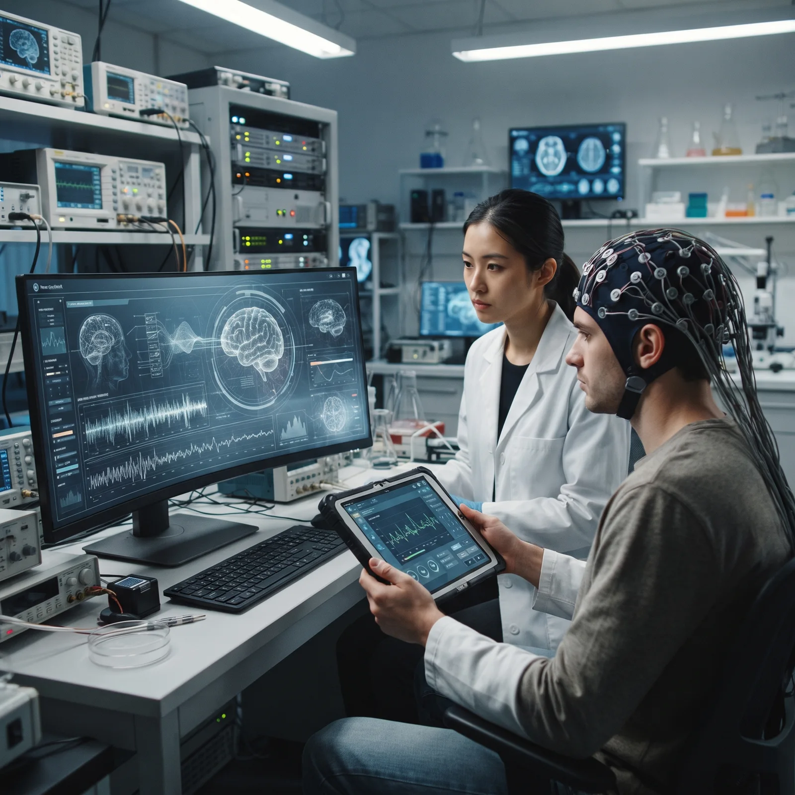 Ilustração conceitual de laboratório com tecnologia de rastreamento mental