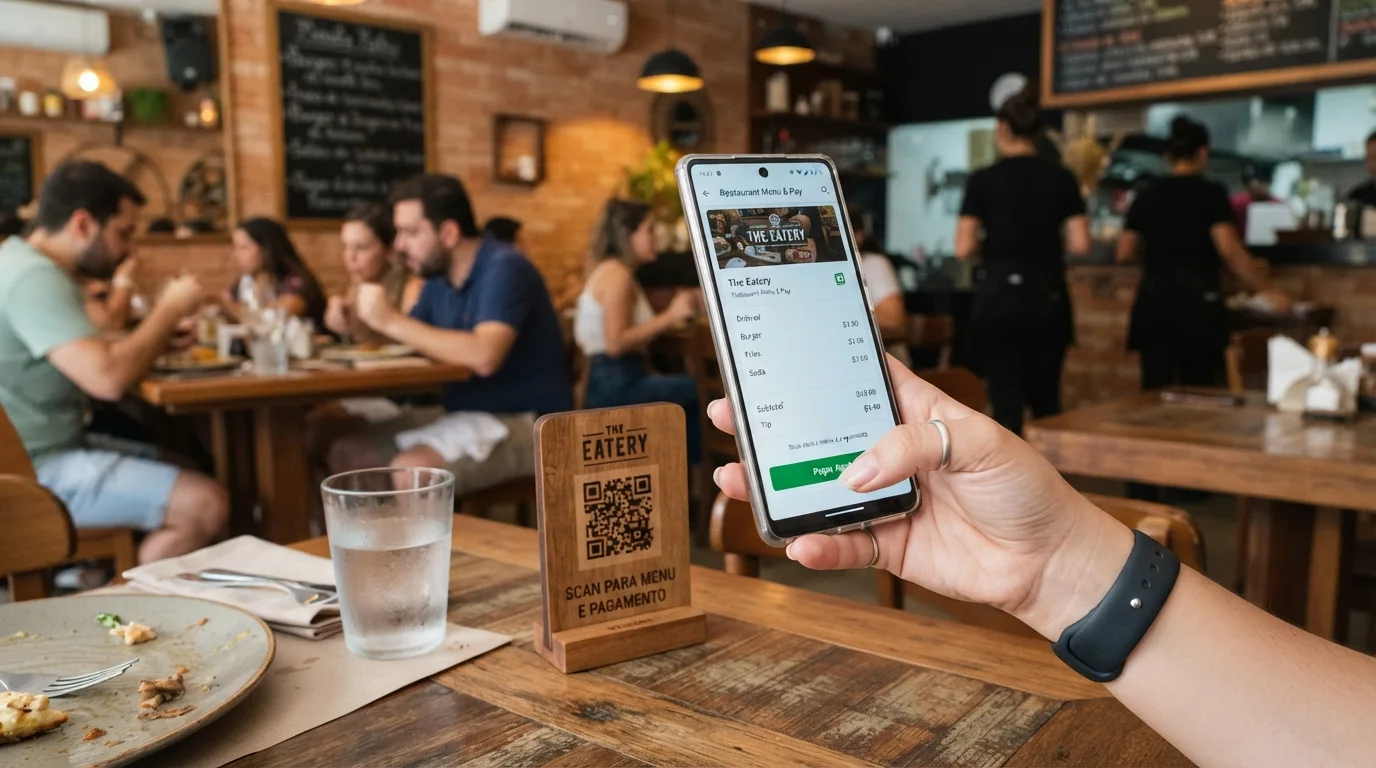 Ilustração de pagamento por QR Code e cardápio digital em restaurante