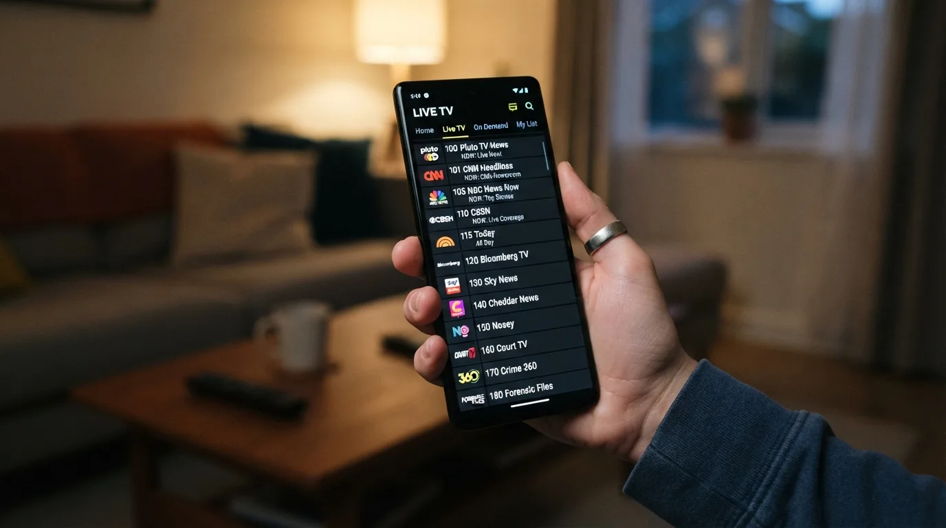 Área de TV ao vivo da Pluto TV com lista de canais disponíveis