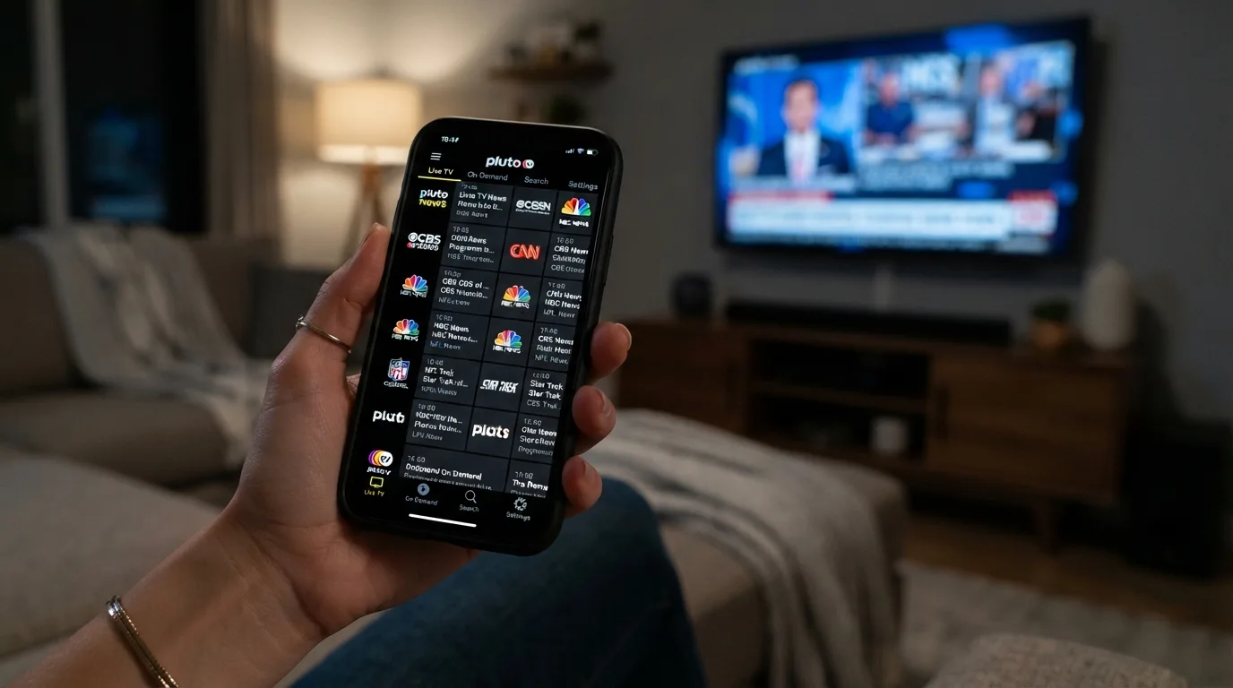 Grade de canais da Pluto TV com opções de TV ao vivo e biblioteca sob demanda