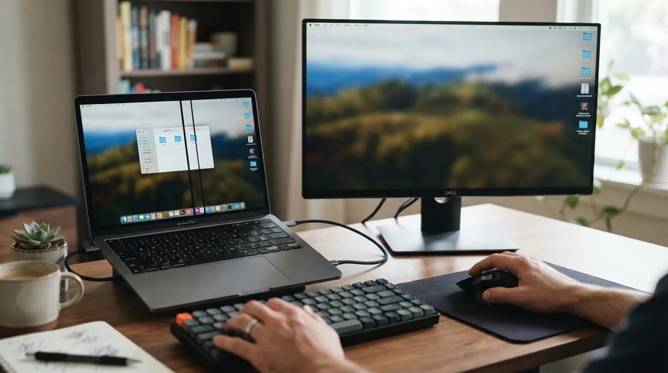 Notebook ligado a um monitor externo para teste de imagem