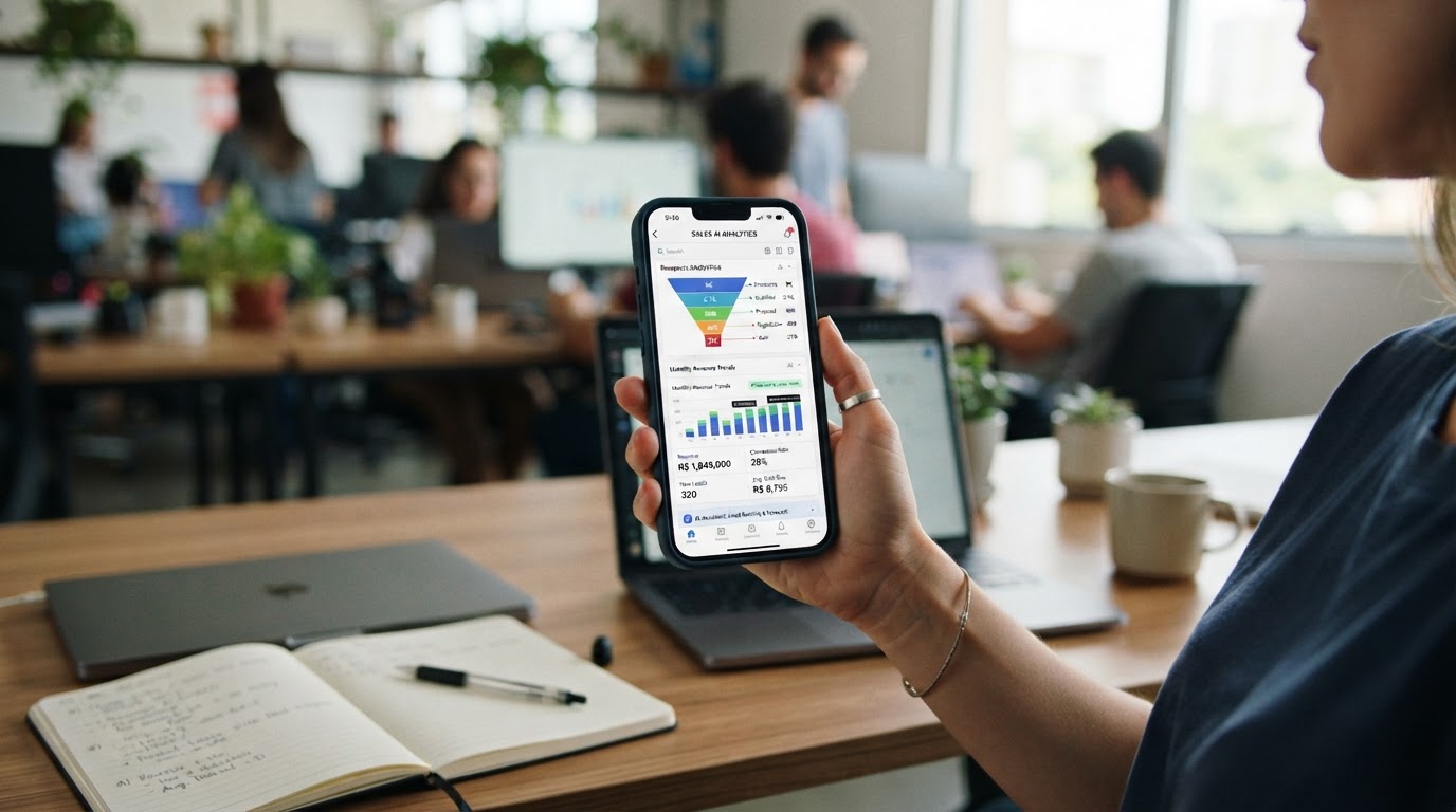 Painel conceitual de CRM com funil de vendas e métricas