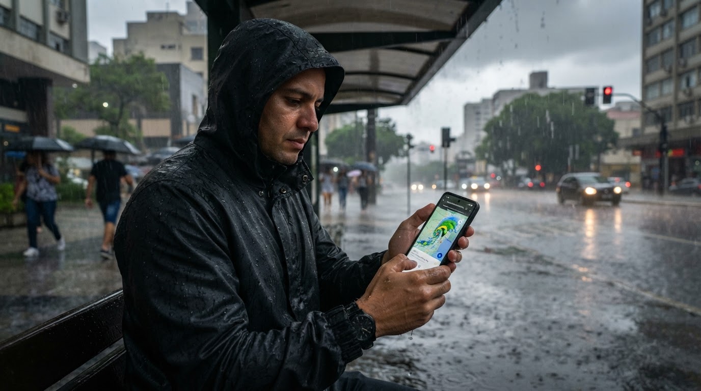 Ilustração de chuva forte associada à passagem de uma frente fria no Sudeste