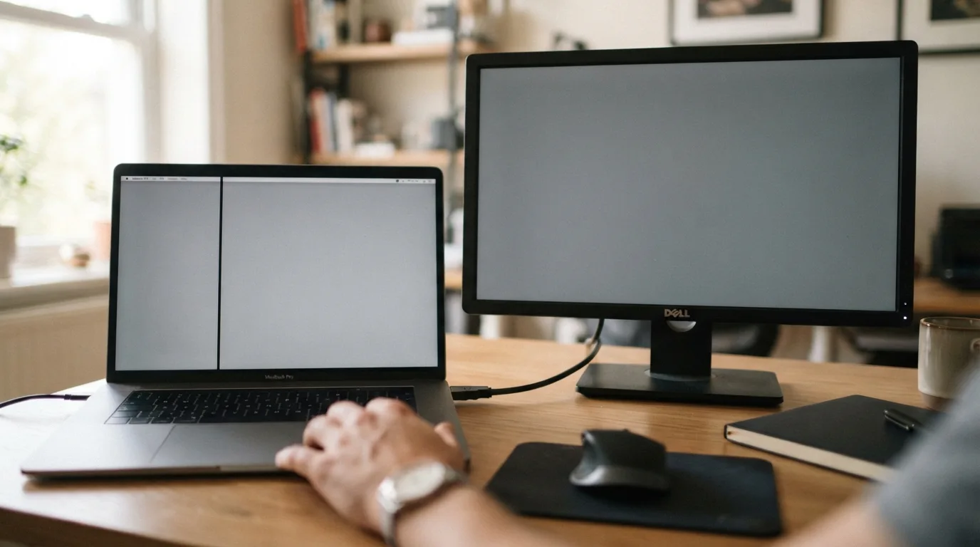 Notebook ligado a monitor externo para teste de imagem