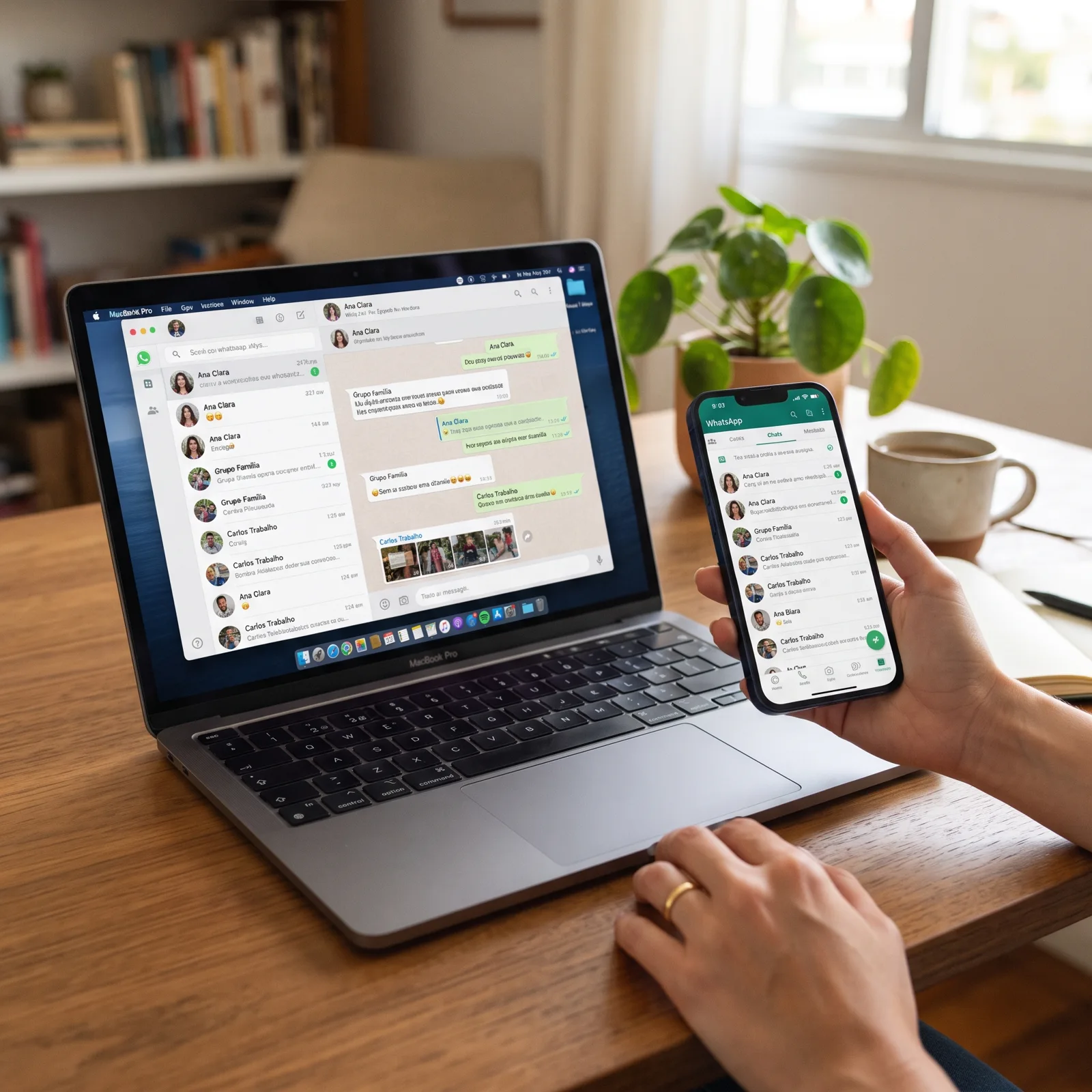 Ilustração de notebook com WhatsApp Web aberto e smartphone sincronizado