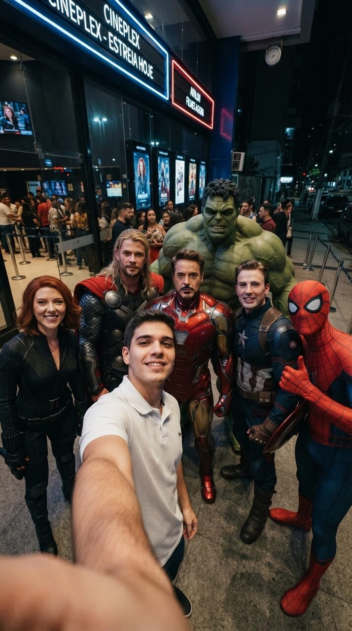 Selfie gerada por IA de um jovem ao lado de super-heróis na porta do cinema