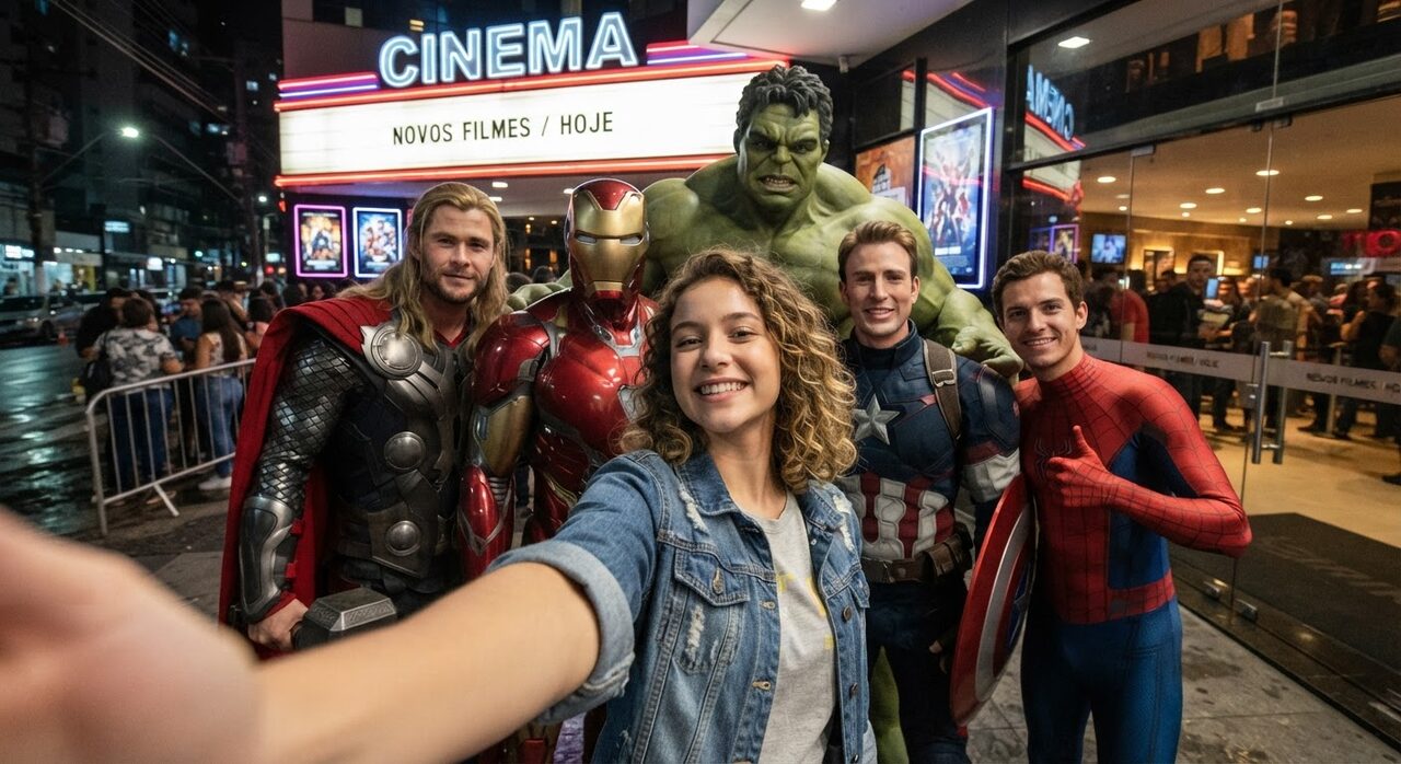Selfie gerada por IA de uma mulher de cabelos cacheados ao lado de super-heróis no cinema