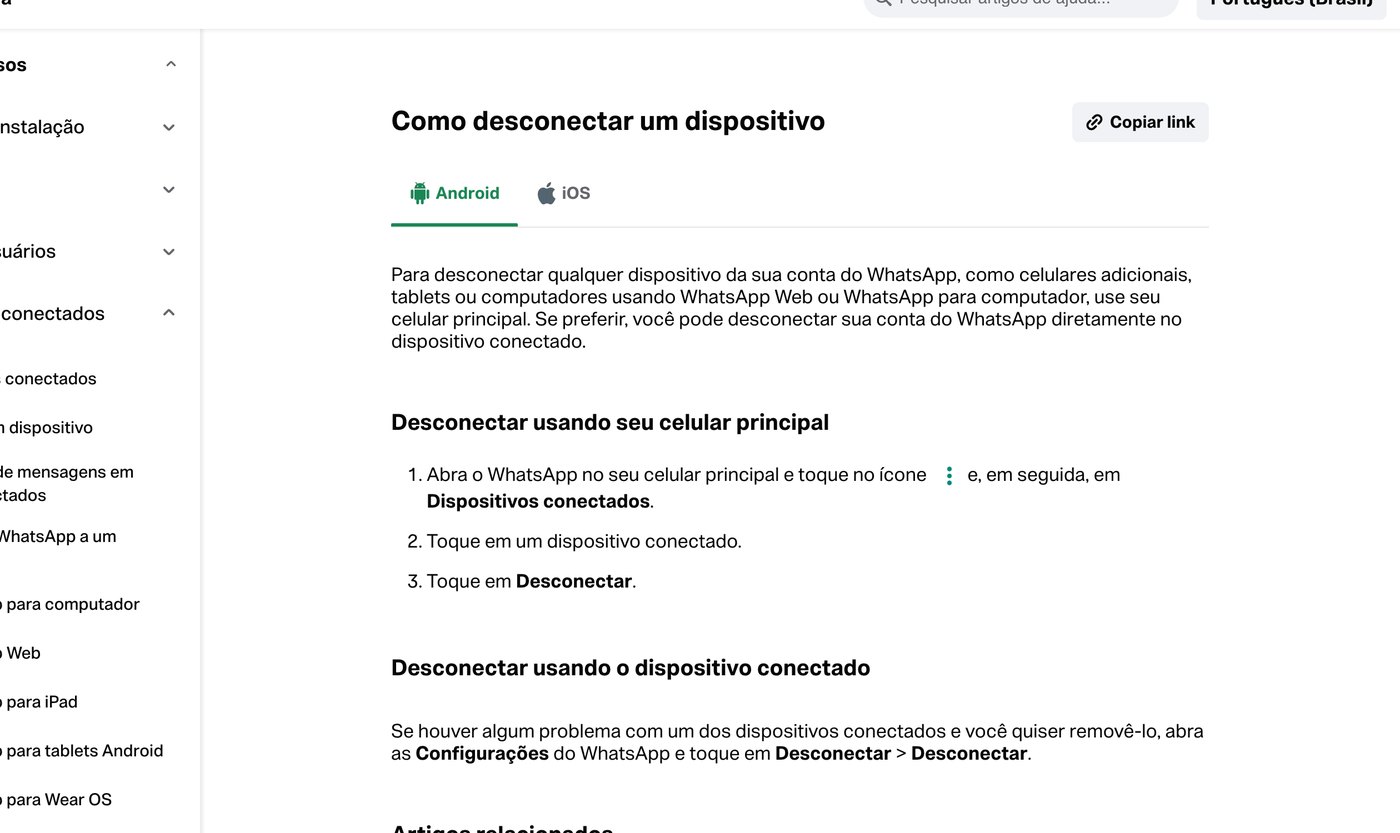 Página oficial do WhatsApp com o passo a passo para desconectar um dispositivo conectado