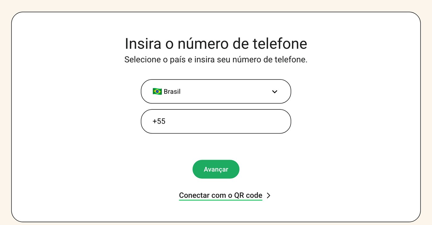 Tela do WhatsApp Web para entrar digitando o número de telefone em vez de escanear o QR code