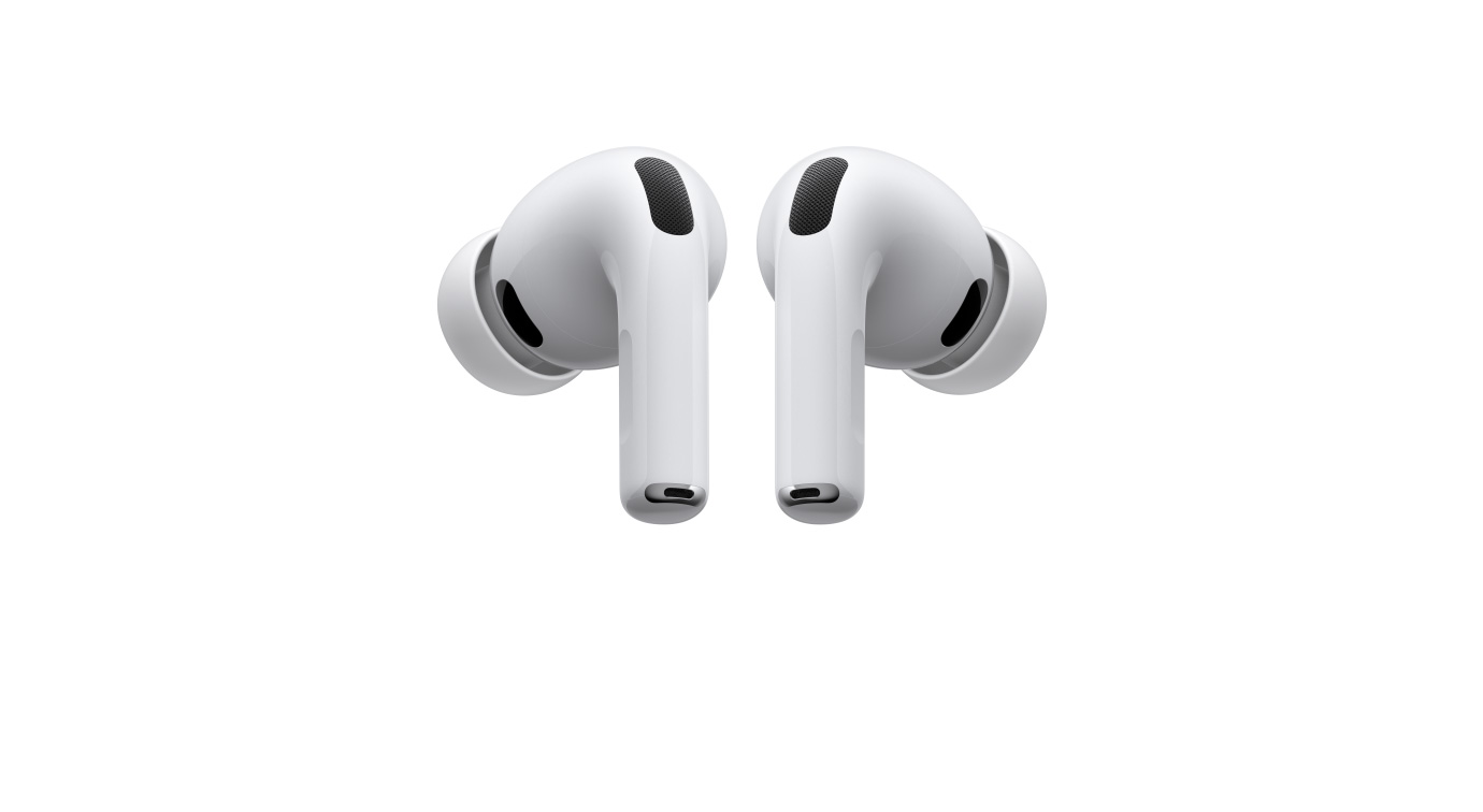Par de AirPods Pro 3 com ponteiras de silicone em fundo claro