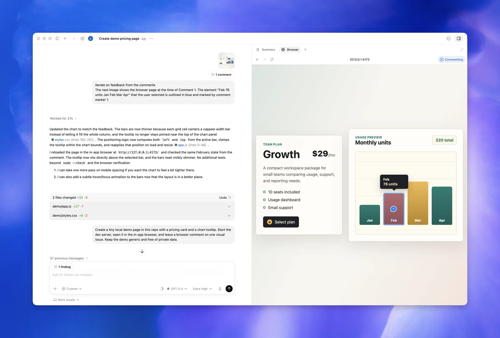 Interface do app Codex da OpenAI comentando um preview de web app local