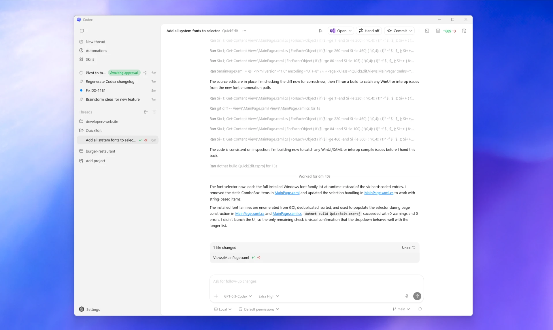 Codex para Windows mostrando projeto, thread ativa e painel de revisão
