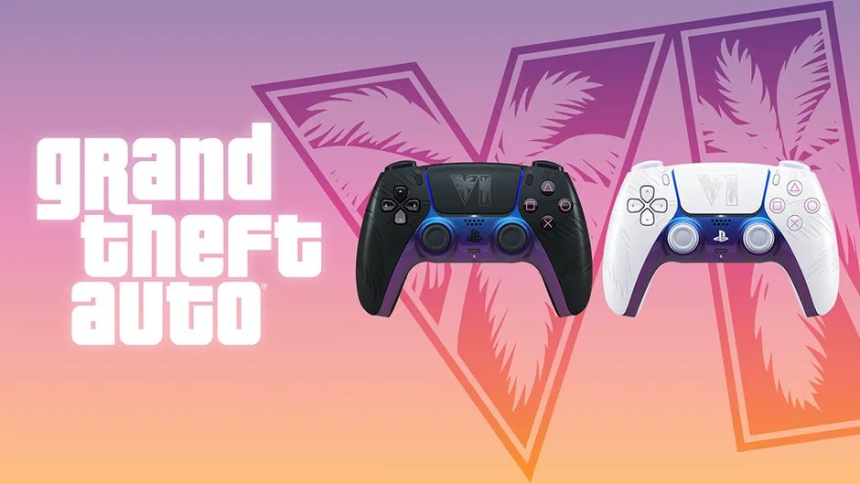 Foto promocional destacando os dois controles DualSense de GTA 6 lado a lado