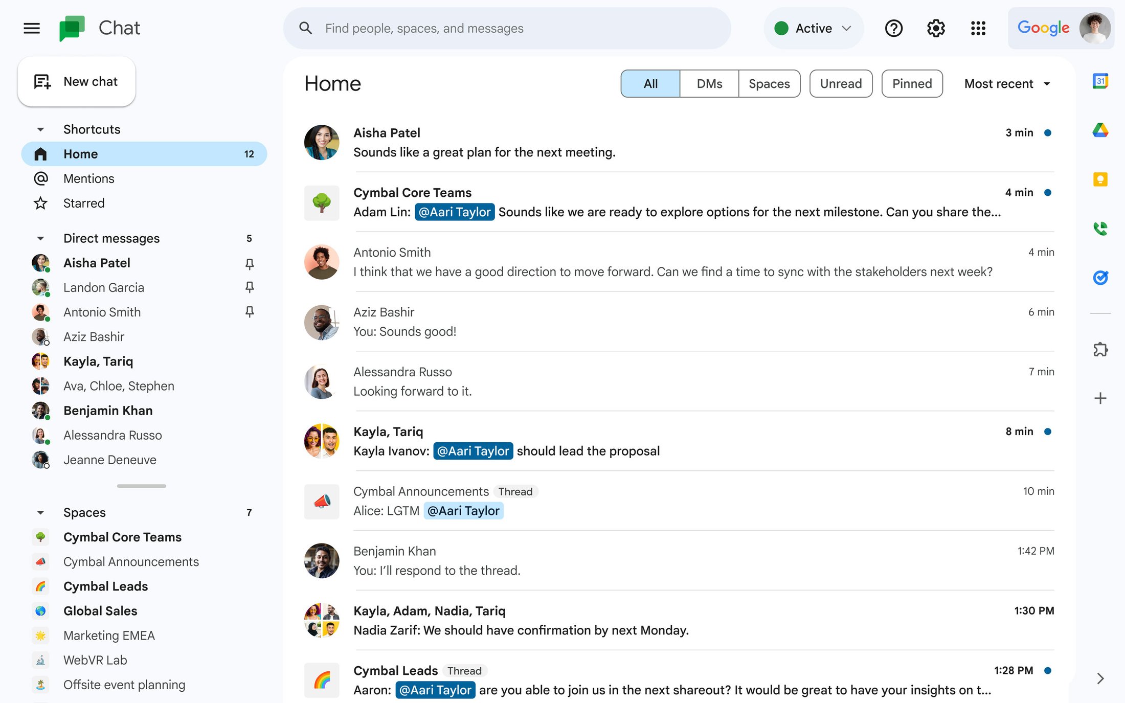 Tela inicial do Google Chat com lista de conversas e espaços