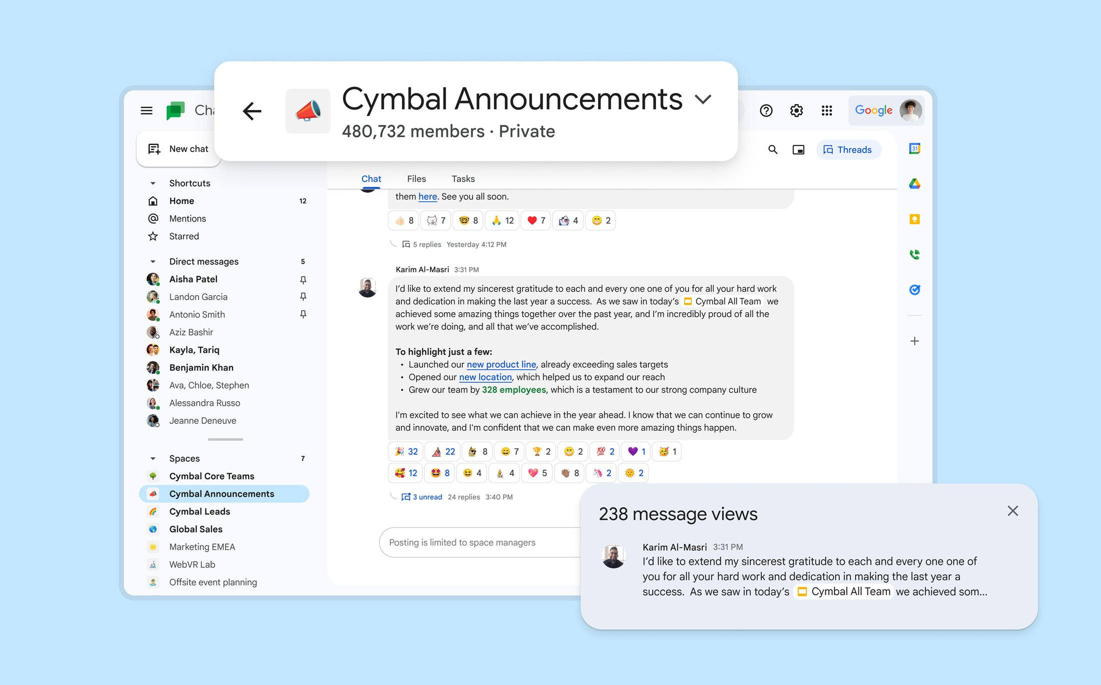 Espaço do Google Chat com grande número de participantes em uma organização