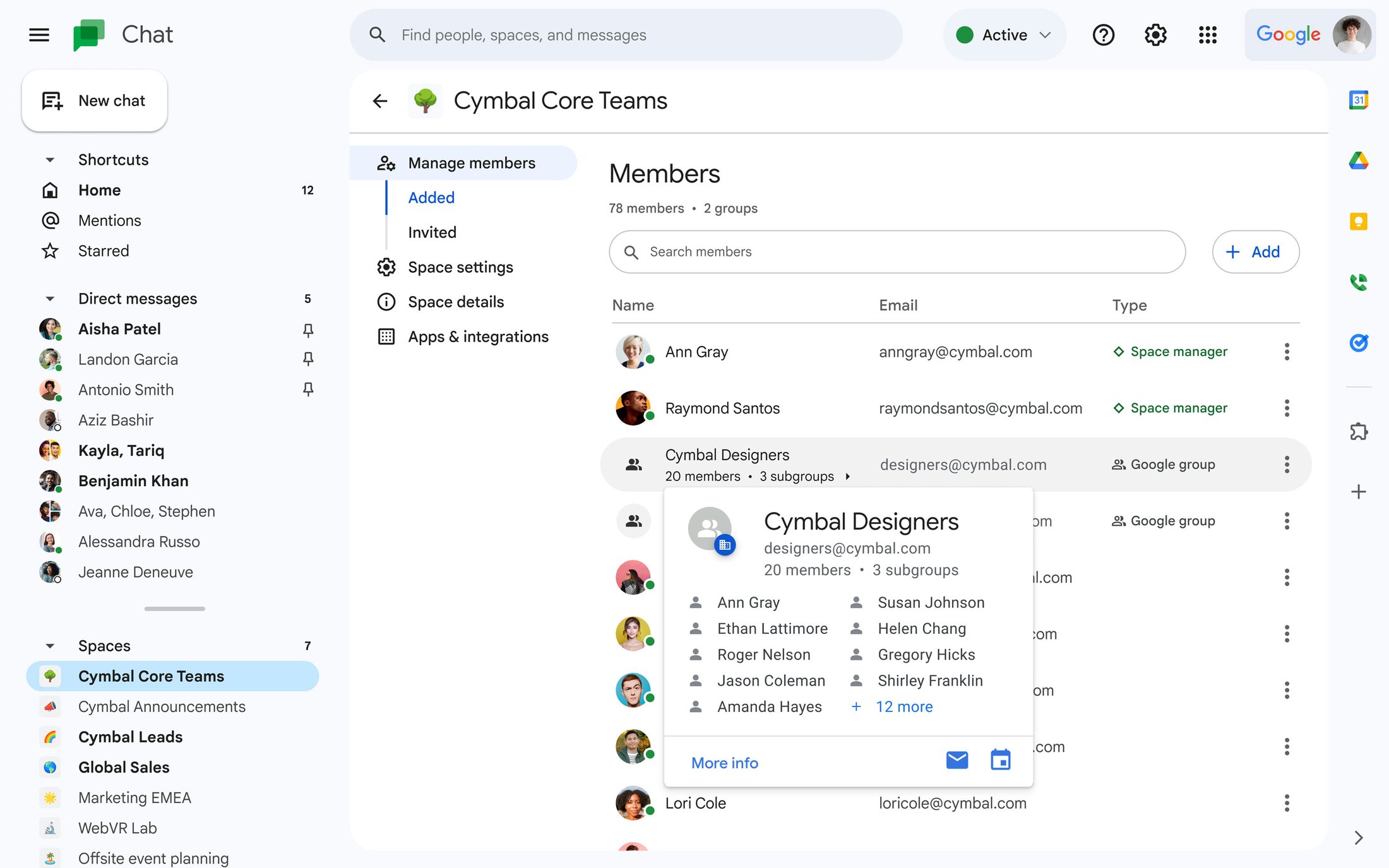 Visual do Google Chat com grupos e integrações