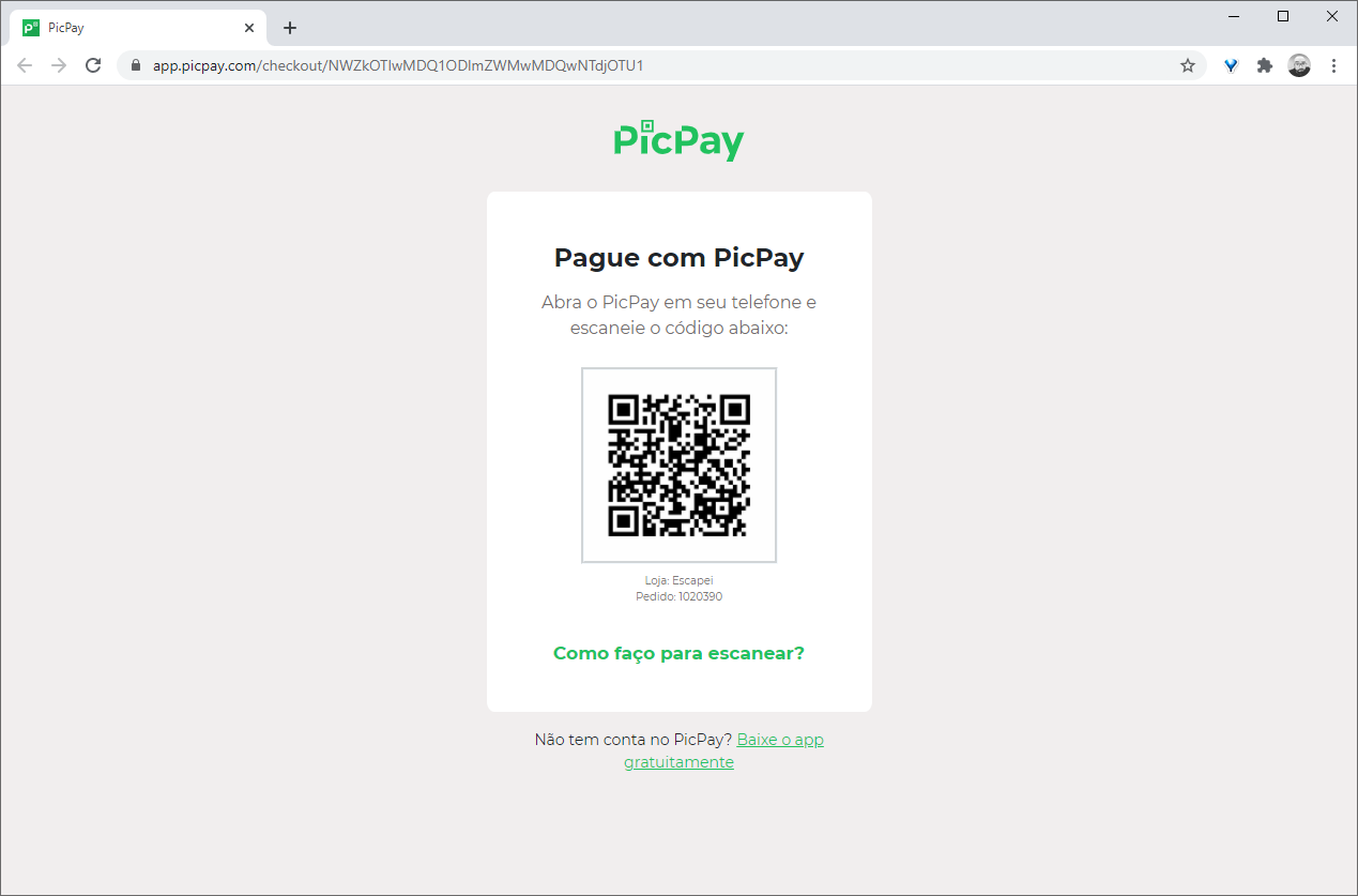 Exemplo de geração de pagamento com QR Code pelo PicPay em um checkout online