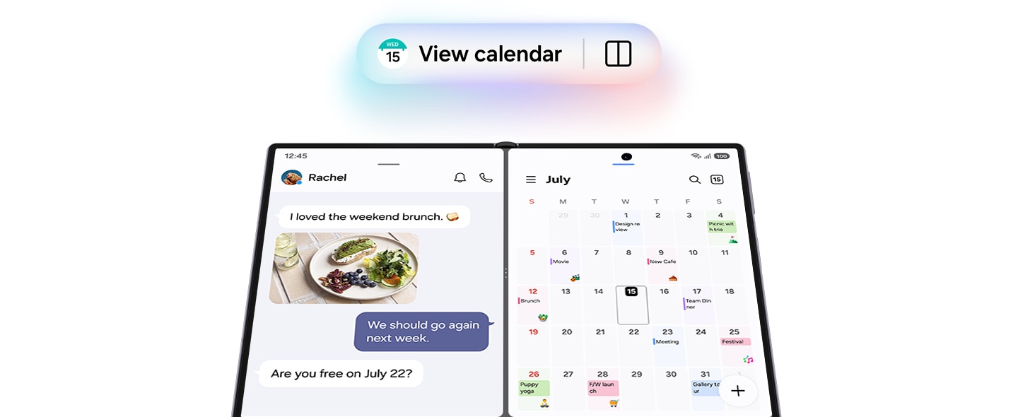 Galaxy Z Fold8 mostrando a função Now Nudge abrindo o Calendário em tela dividida