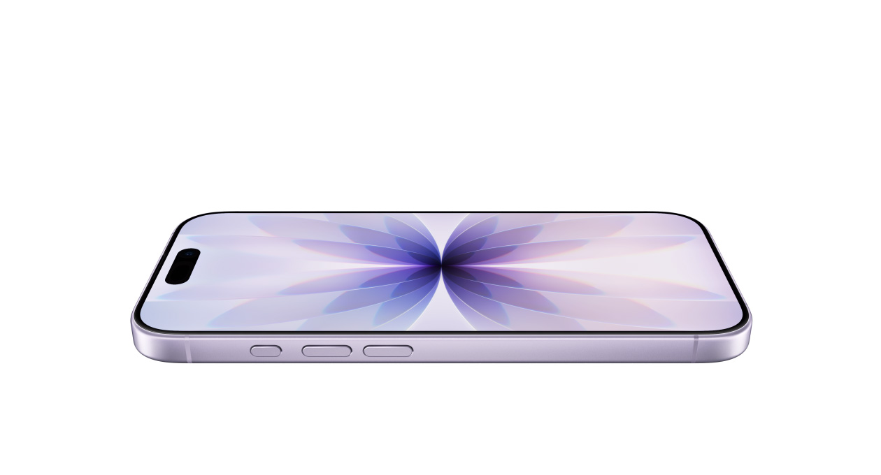 Frente e lateral de um iPhone 17 em tom lavanda, com Ceramic Shield e Dynamic Island