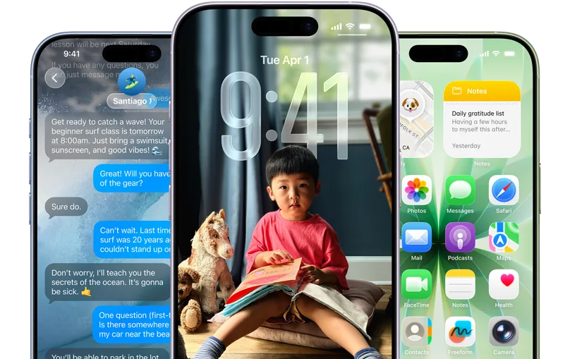 Três iPhone 17 em diferentes cores mostrando a interface Liquid Glass do iOS 26