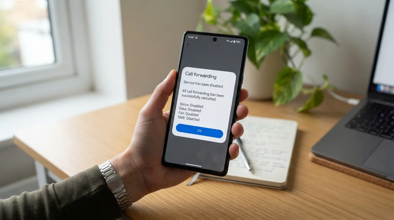 Ilustração de celular mostrando confirmação de cancelamento de encaminhamento de chamadas