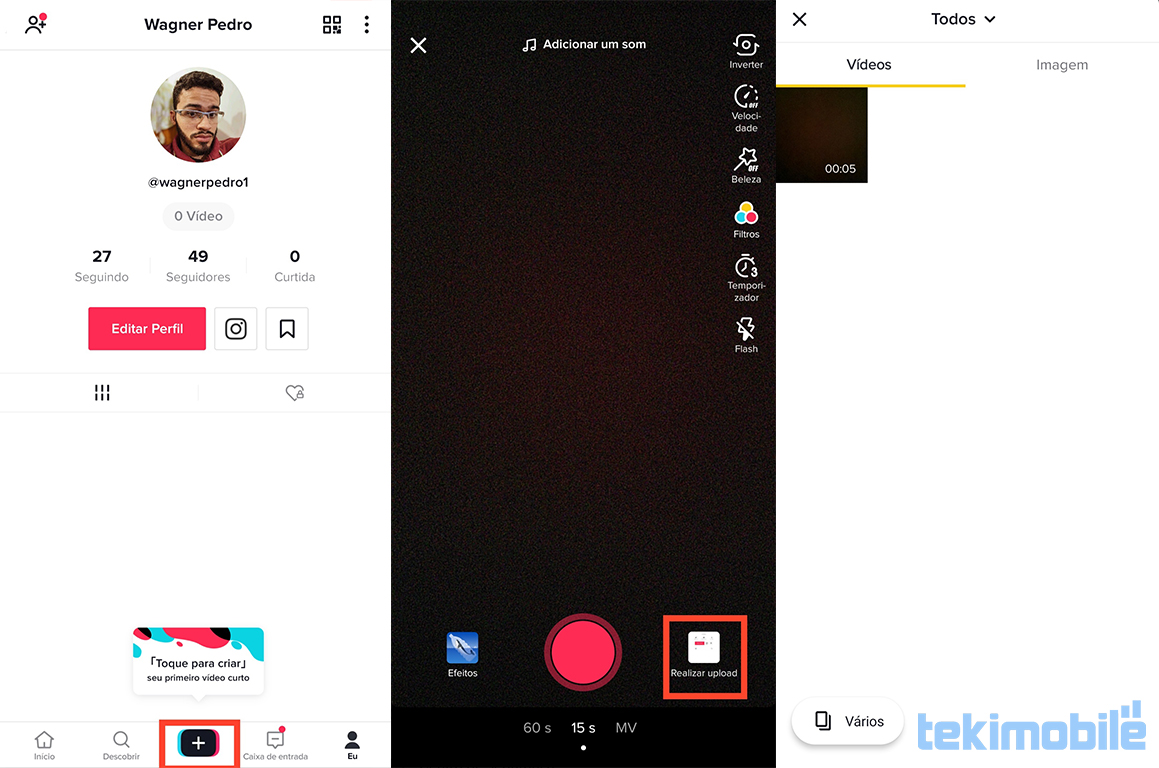 Enviar vídeos da galeria do celular é possível no TikTok.
