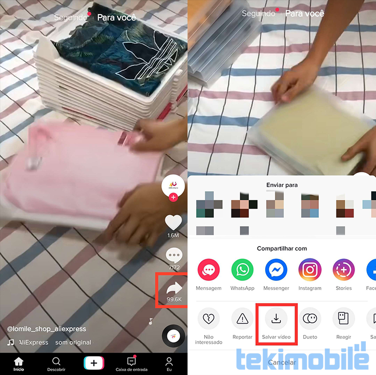 Também podemos baixar vídeos do TikTok no armazenamento interno do celular.