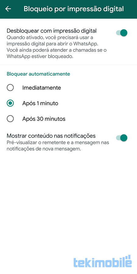 O WhatsApp agora permite desbloquear com a impressão digital, garantindo mais segurança.