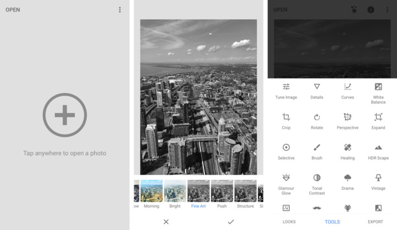O aplicativo comprado pela Google é bem completo, podendo adicionar HDR, nitidez e dupla exposição, por exemplo.