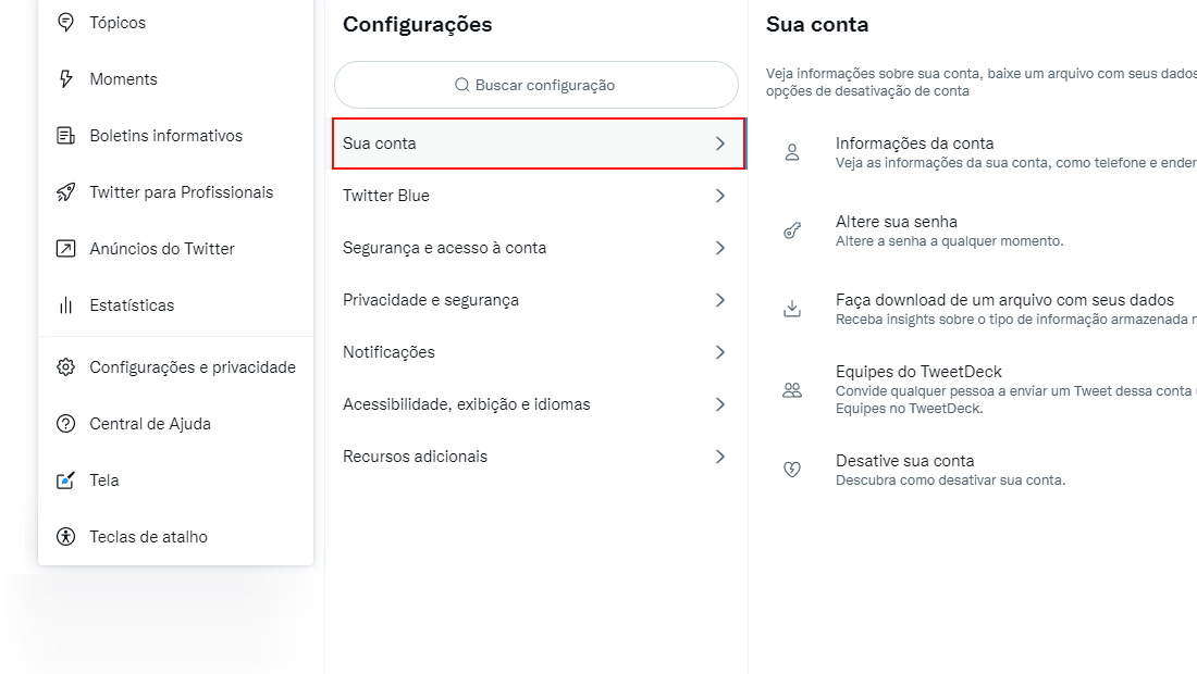 A aba Sua conta é a primeira na lista