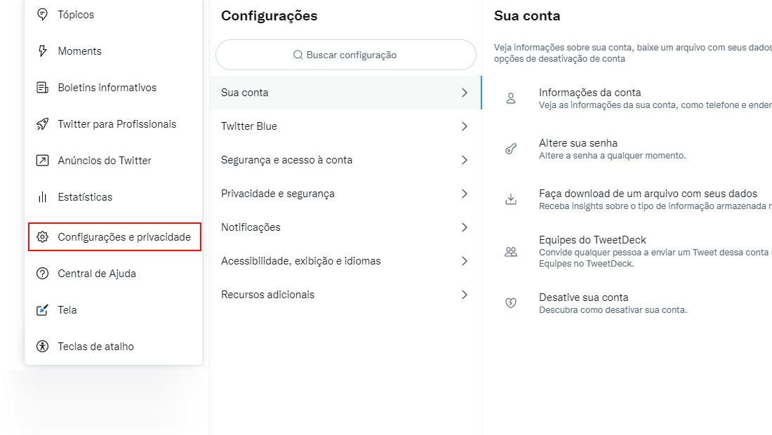 A opção de Configurações e privacidade é mostrado na janela flutuante