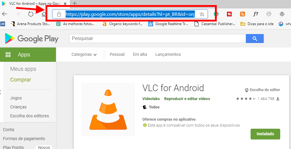 Copiando o link do aplicativo da Play Store para colar no site APK Downloader Copiando o link do aplicativo da Play Store para colar no site APK Downloader