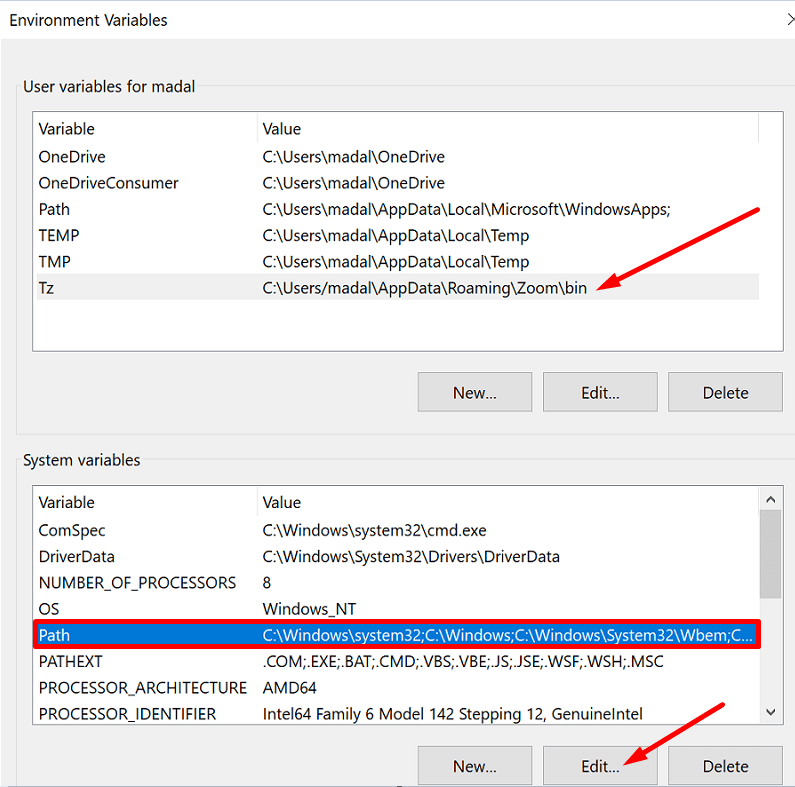 variáveis de ambiente do Windows 10