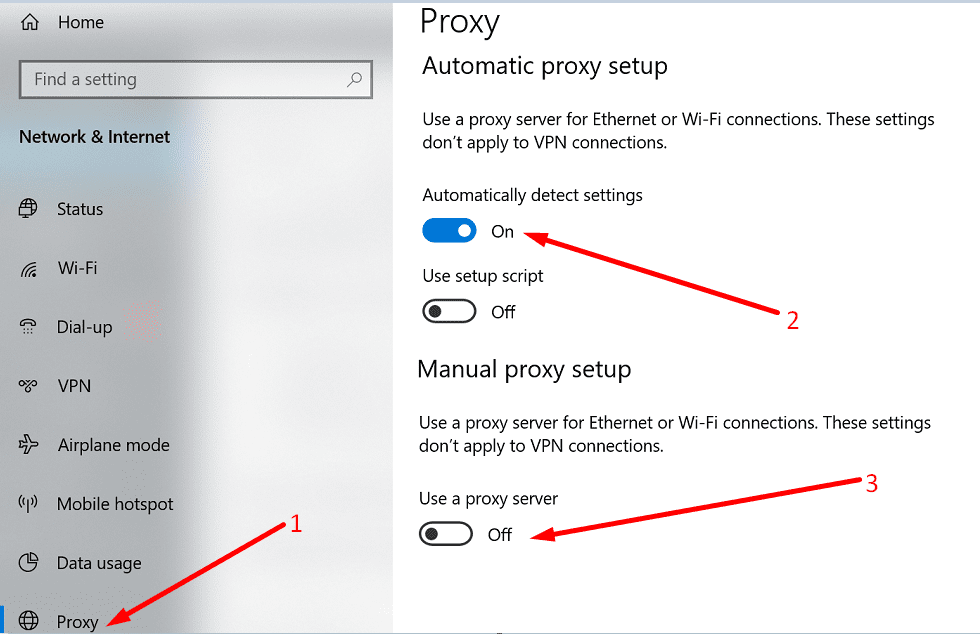 configurações de proxy