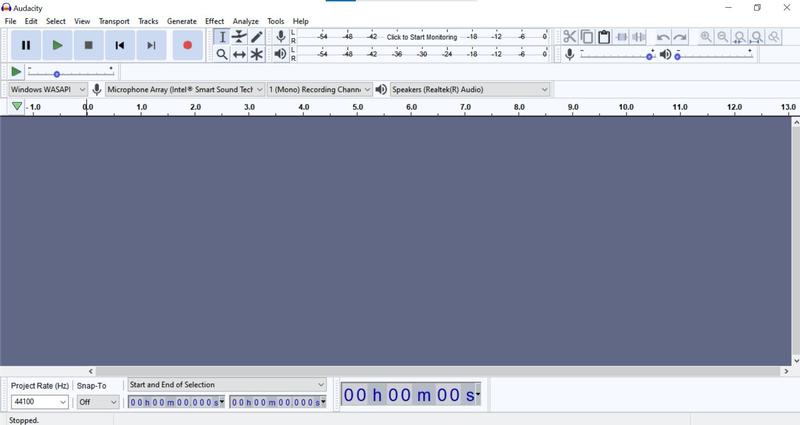 Tela inicial do Audacity