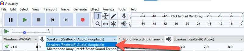 Audacity escolhe dispositivo de gravação