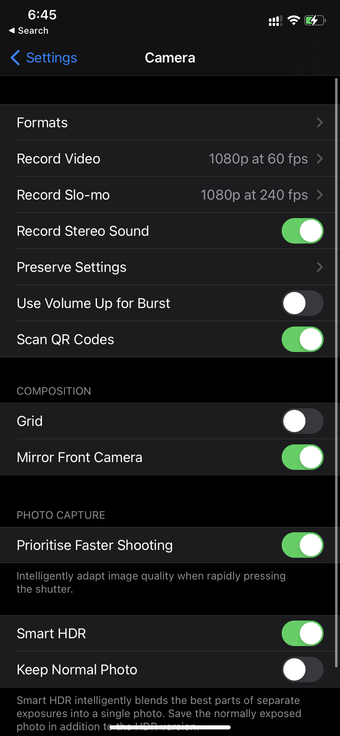 Menu da câmera no iphone
